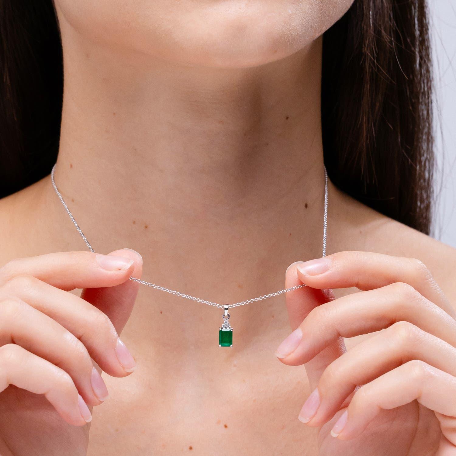 Natural Emerald-Cut Emerald Pendant with Diamond Trio in 18K Yellow Gold For Sale 1