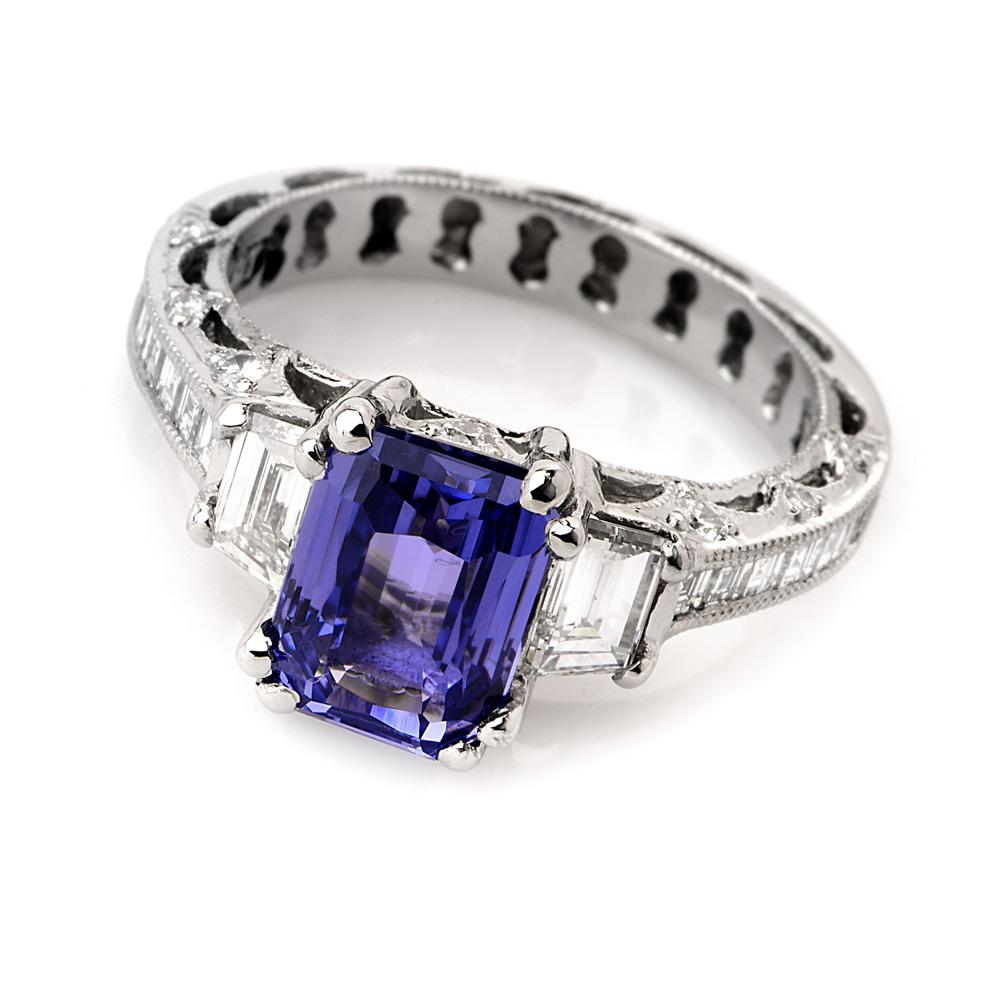 This Sapphire Diamond 3 Stone ring crafted in Platinum. It Centered with one Natutal No Heat Emerald- Cut Ceylon Sapphire.

Sapphire weighing 3.30 carats, Measuring 9.12 mm x 6.73 mm x 4.79 mm, Allmost flawless sapphire with Violet Color

stunning