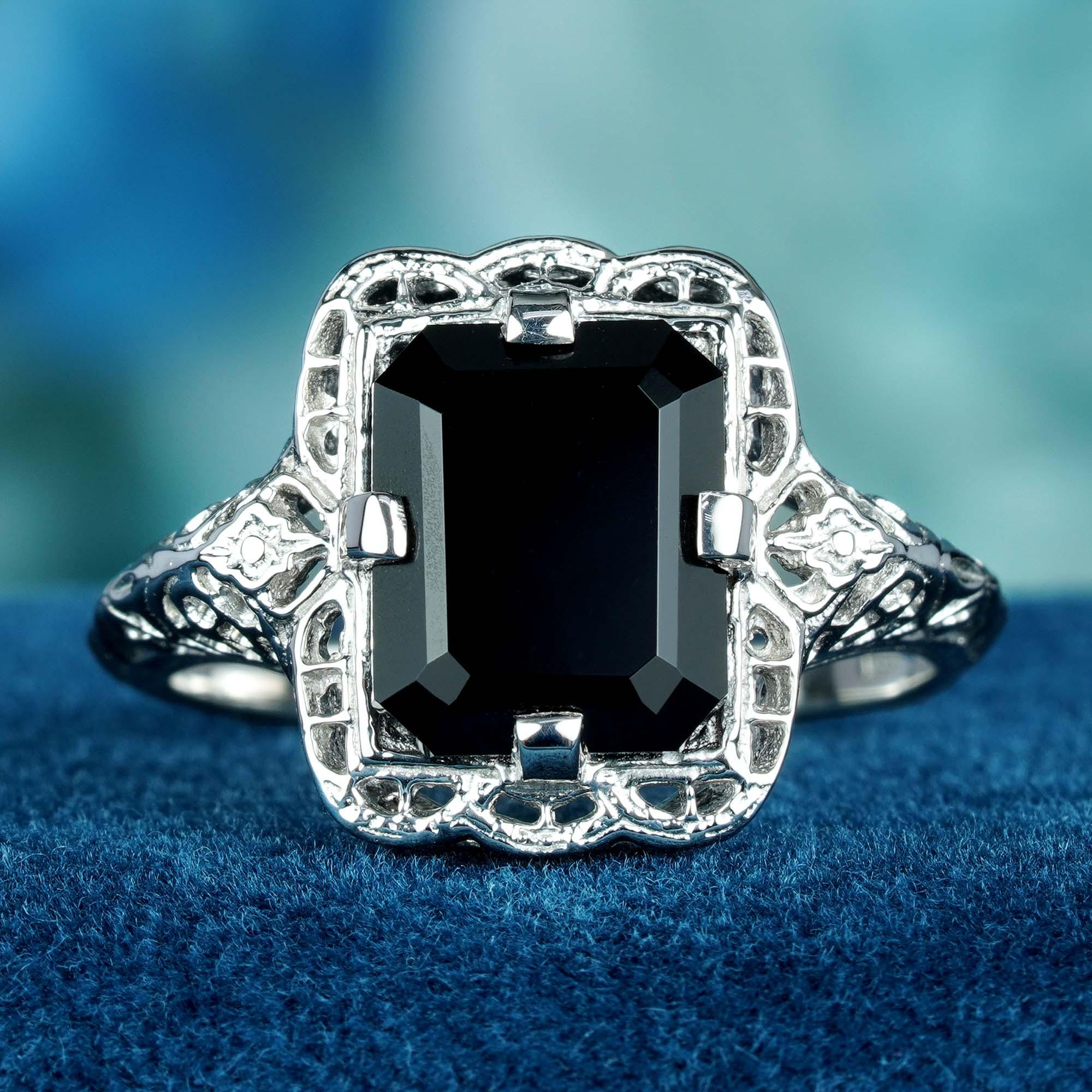 Edwardian Natural Emerald Cut Onyx Vintage Style Filigree Ring in Solid 9K White Gold For Sale