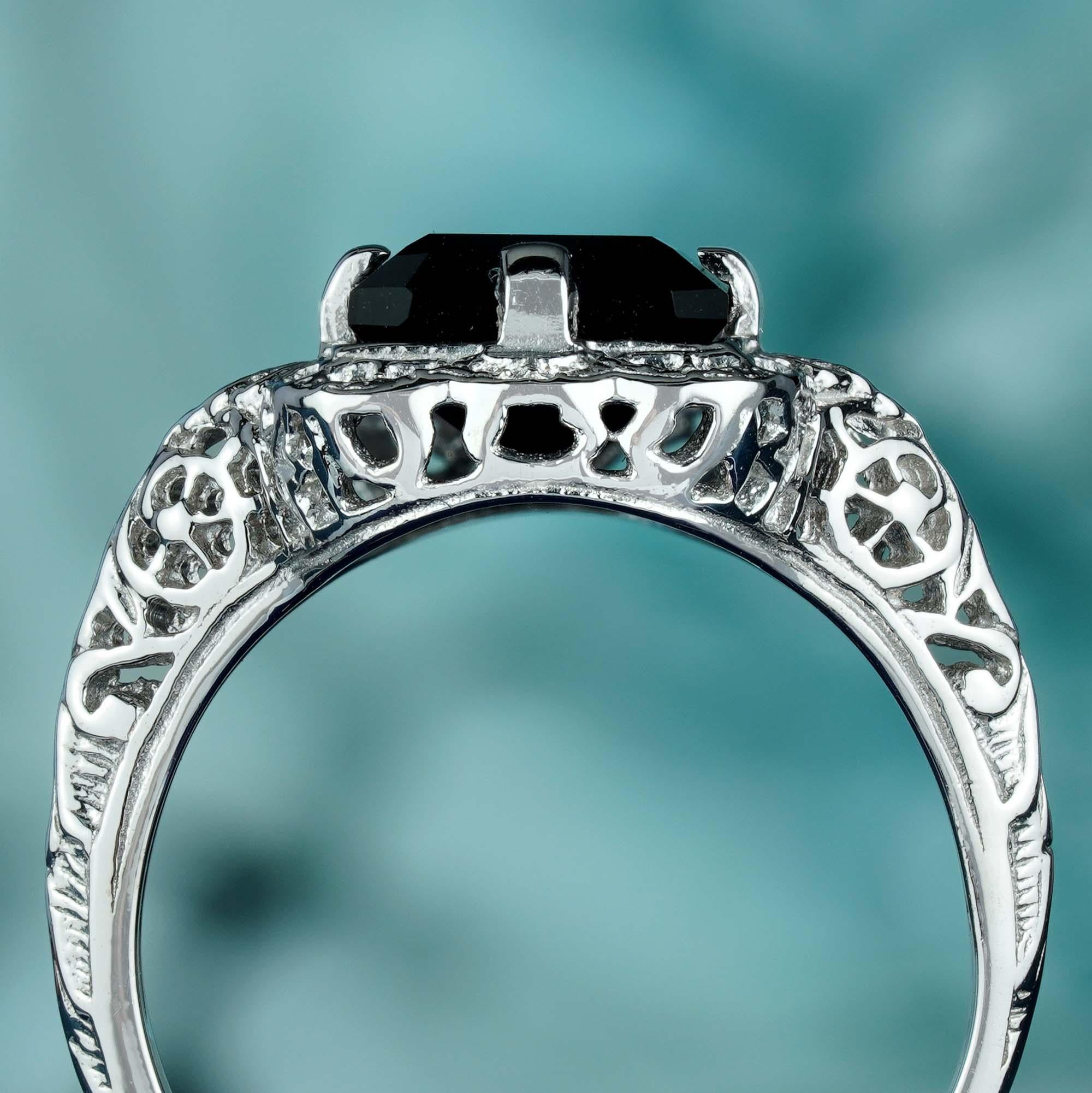 Women's Natural Emerald Cut Onyx Vintage Style Filigree Ring in Solid 9K White Gold For Sale