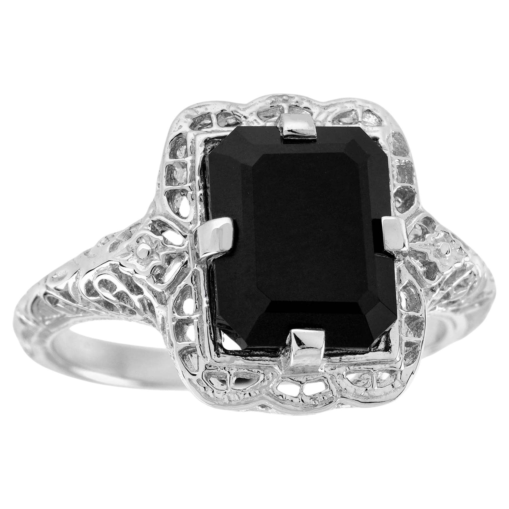 Natural Emerald Cut Onyx Vintage Style Filigree Ring in Solid 9K White Gold For Sale