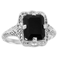 Natural Emerald Cut Onyx Vintage Style Filigree Ring in Solid 9K White Gold