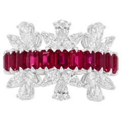 Natural Emerald cut Ruby (No Heat) and Pear cut White Diamond Ring in 18K Gold