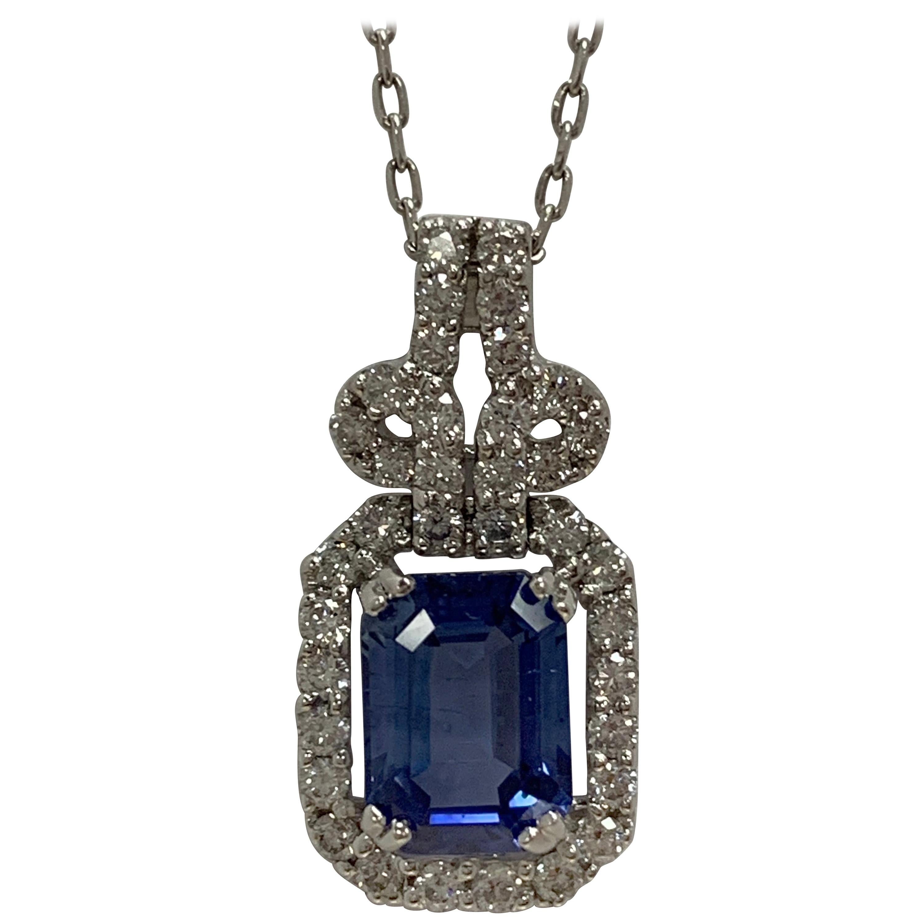 Natural Emerald Cut Sapphire and Diamonds Pendants