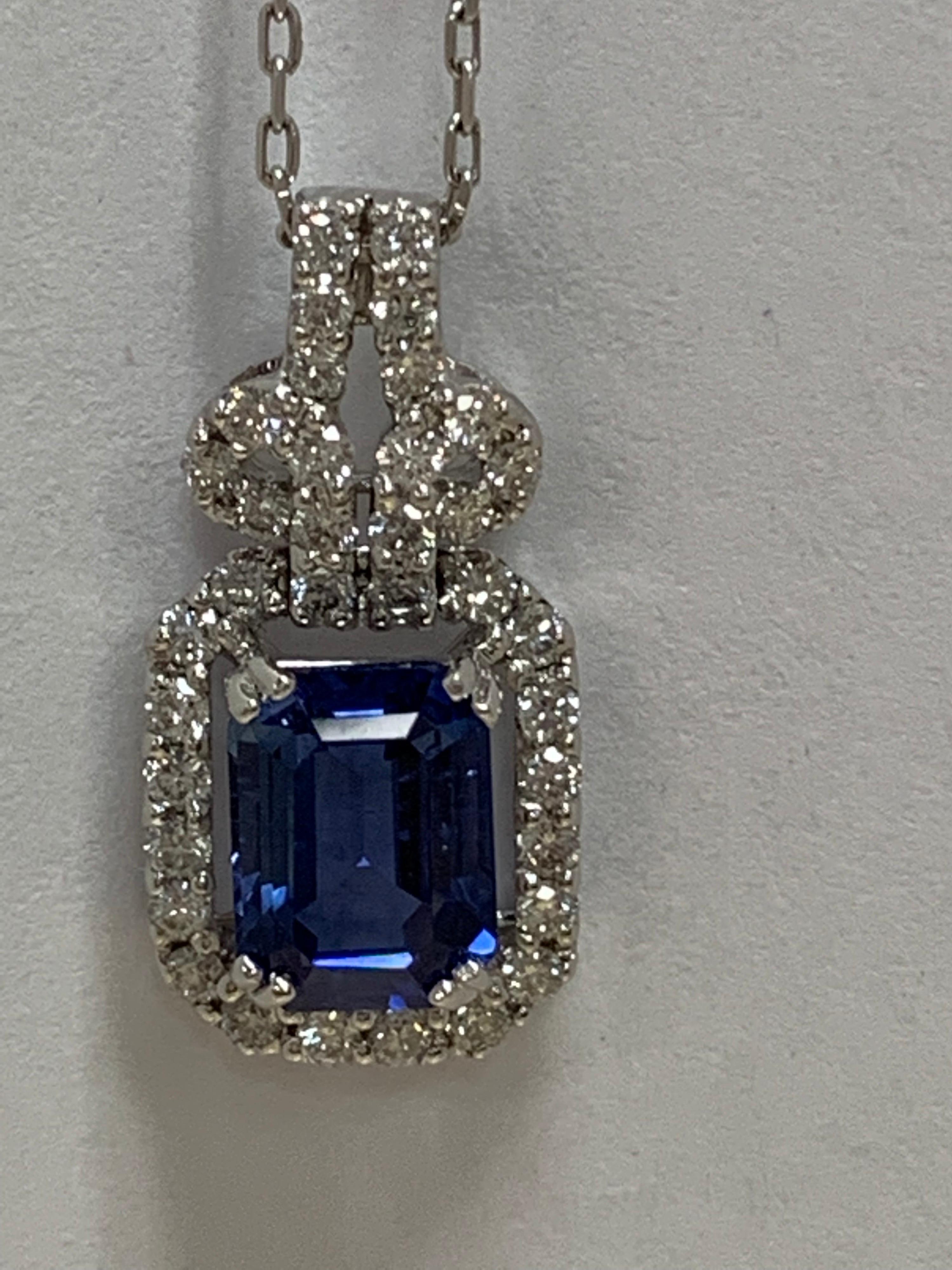 Natural Emerald Cut Sapphire and Diamonds Pendants In Excellent Condition In Trumbull, CT