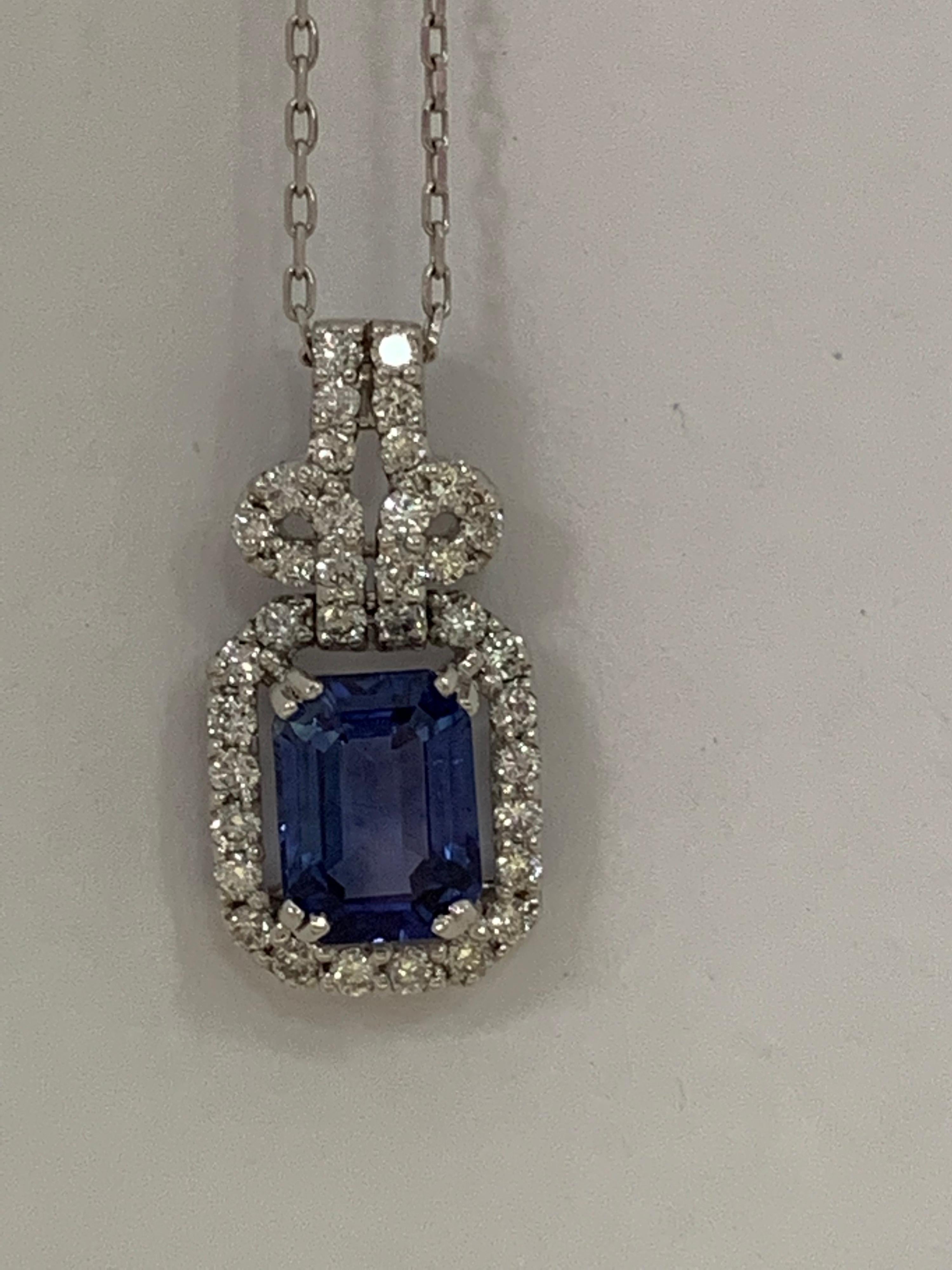 Natural Emerald Cut Sapphire and Diamonds Pendants 1