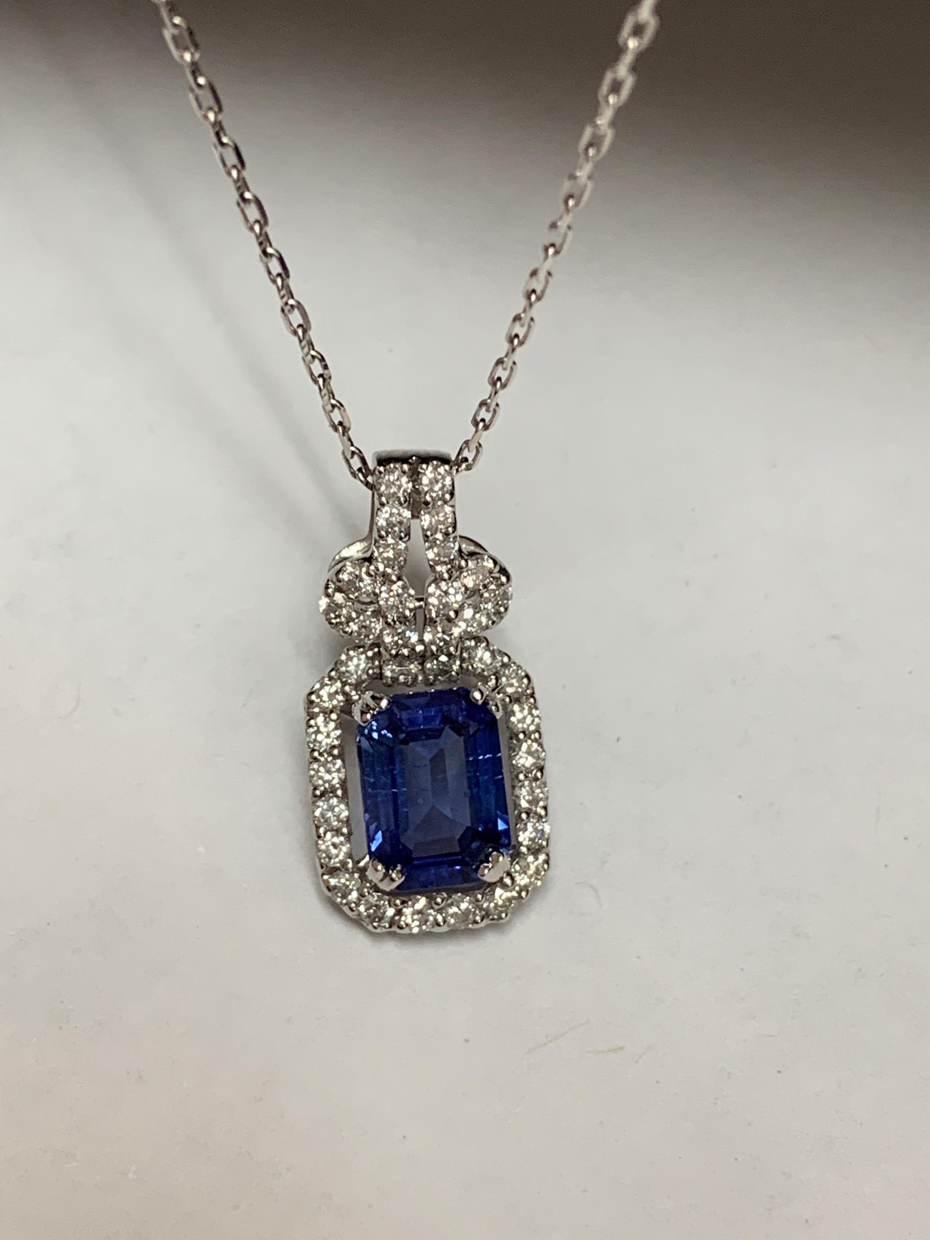 Natural Emerald Cut Sapphire and Diamonds Pendants 2