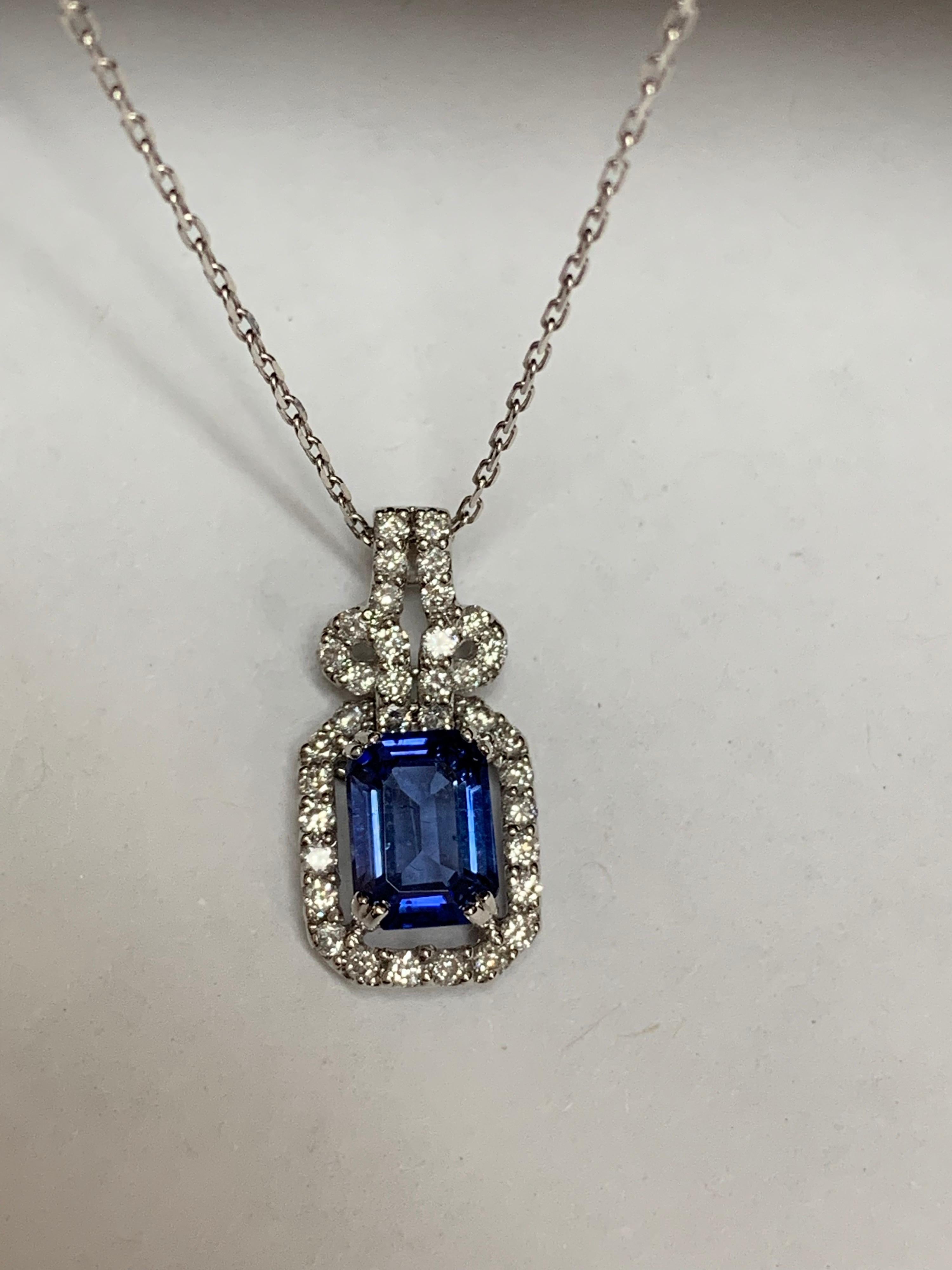 Natural Emerald Cut Sapphire and Diamonds Pendants 3