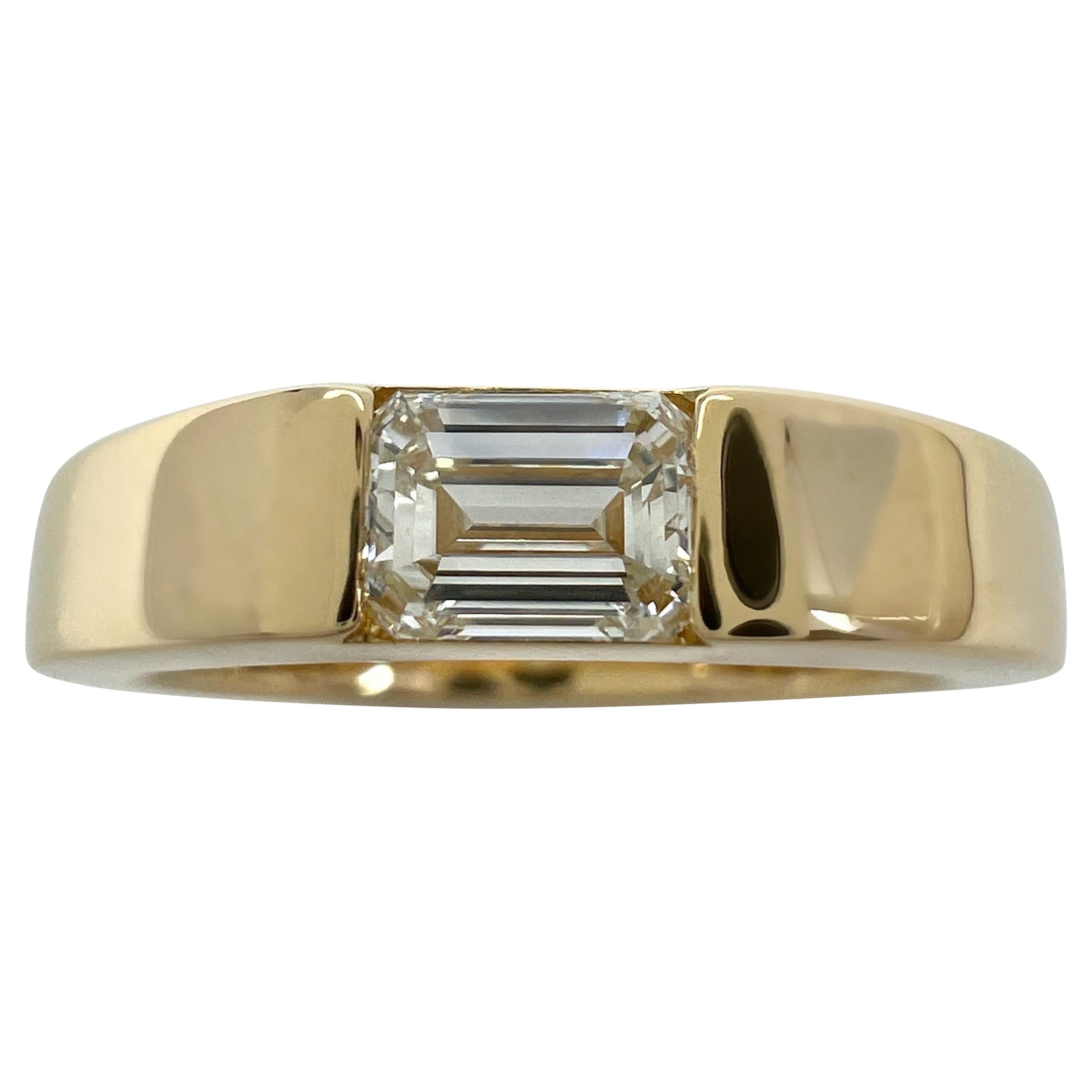 Siegelbandring, natürlicher weißer Diamant im Smaragdschliff 18k Gelbgold Solitär
