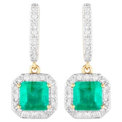 Natural Emerald Dangle Earrings Diamonds 2.10 Carats 14K Yellow Gold