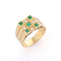 Anillo de compromiso de esmeralda natural y diamantes en oro amarillo de 18k Anillo para padre