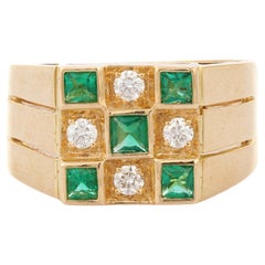 Natural Emerald Diamond 18K Yellow Gold Cocktail Ring Mens Engagement Ring