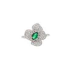 Natural emerald diamond abstract flower ring 18k white gold jewelry