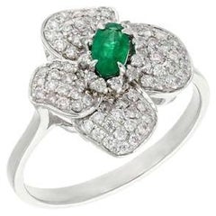 Natural emerald diamond abstract flower ring 18k white gold jewelry