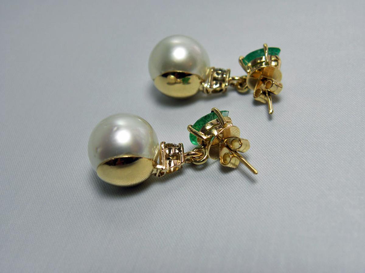 Women's Natural Emerald Diamond and South Sea White Pearl Dangle Earrings 18 Karat For Sale