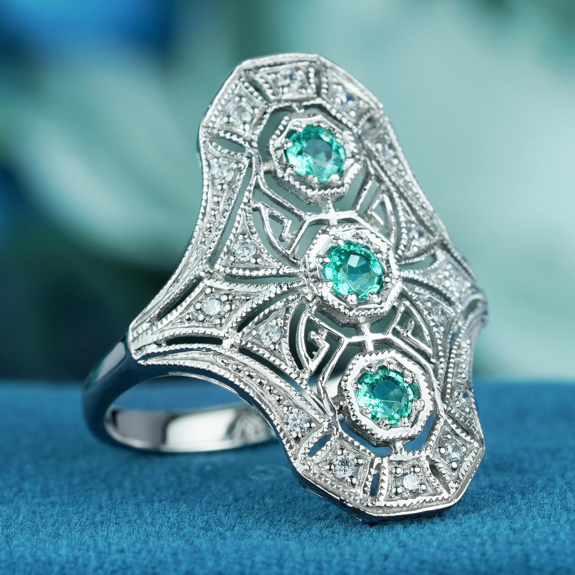 For Sale:  Natural Emerald Diamond Art Deco Style Dinner Ring in Solid 9K White Gold 3