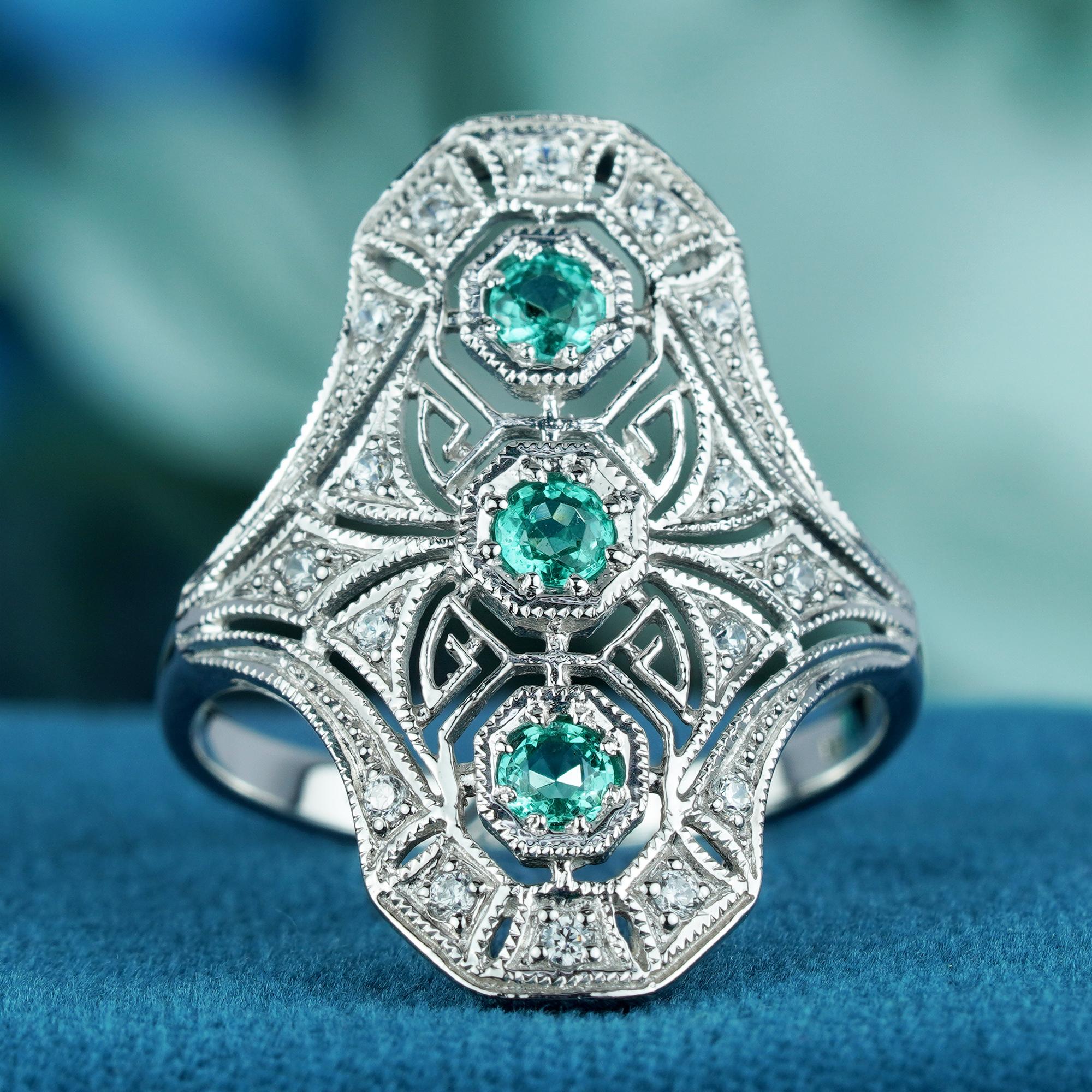 For Sale:  Natural Emerald Diamond Art Deco Style Dinner Ring in Solid 9K White Gold 2