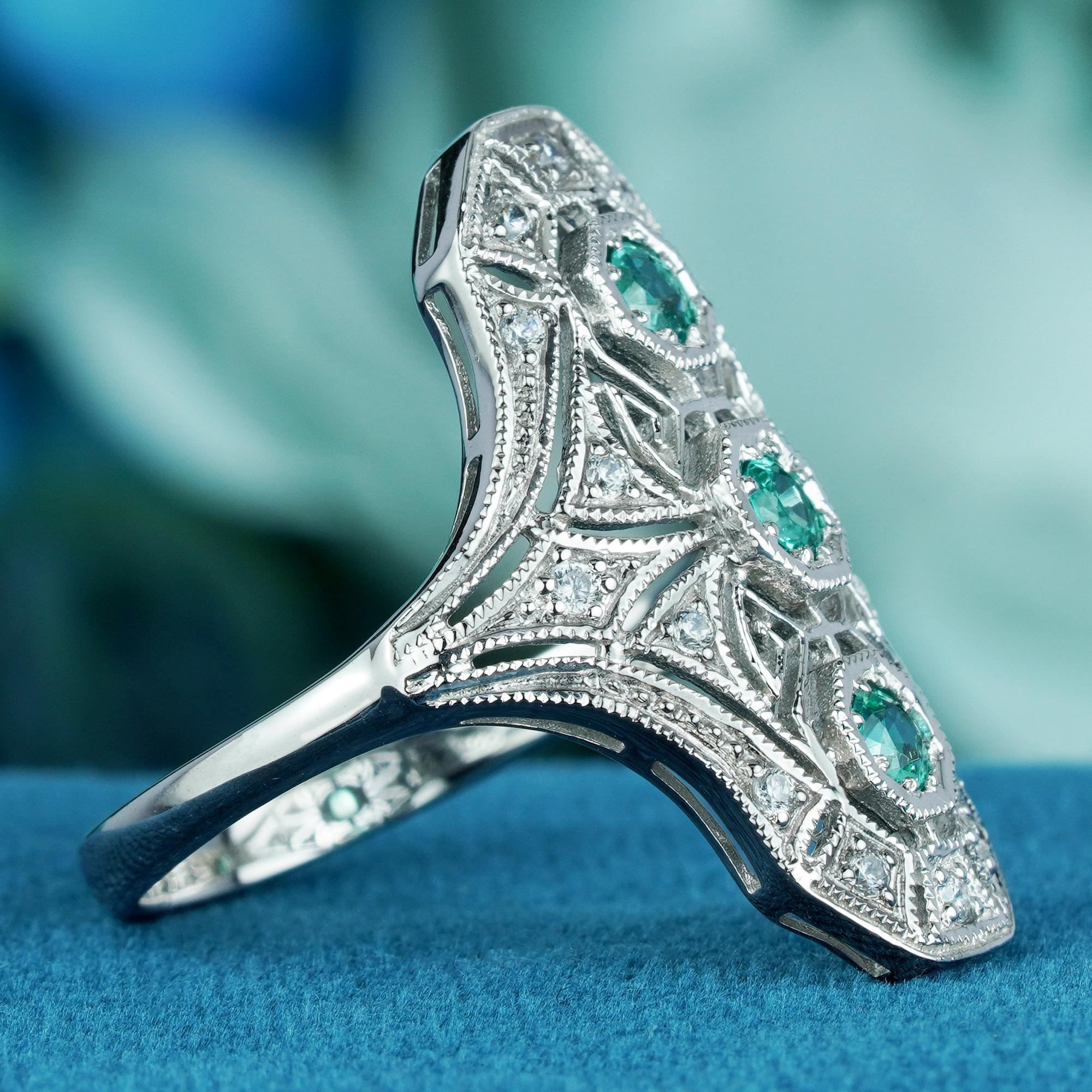 For Sale:  Natural Emerald Diamond Art Deco Style Dinner Ring in Solid 9K White Gold 4