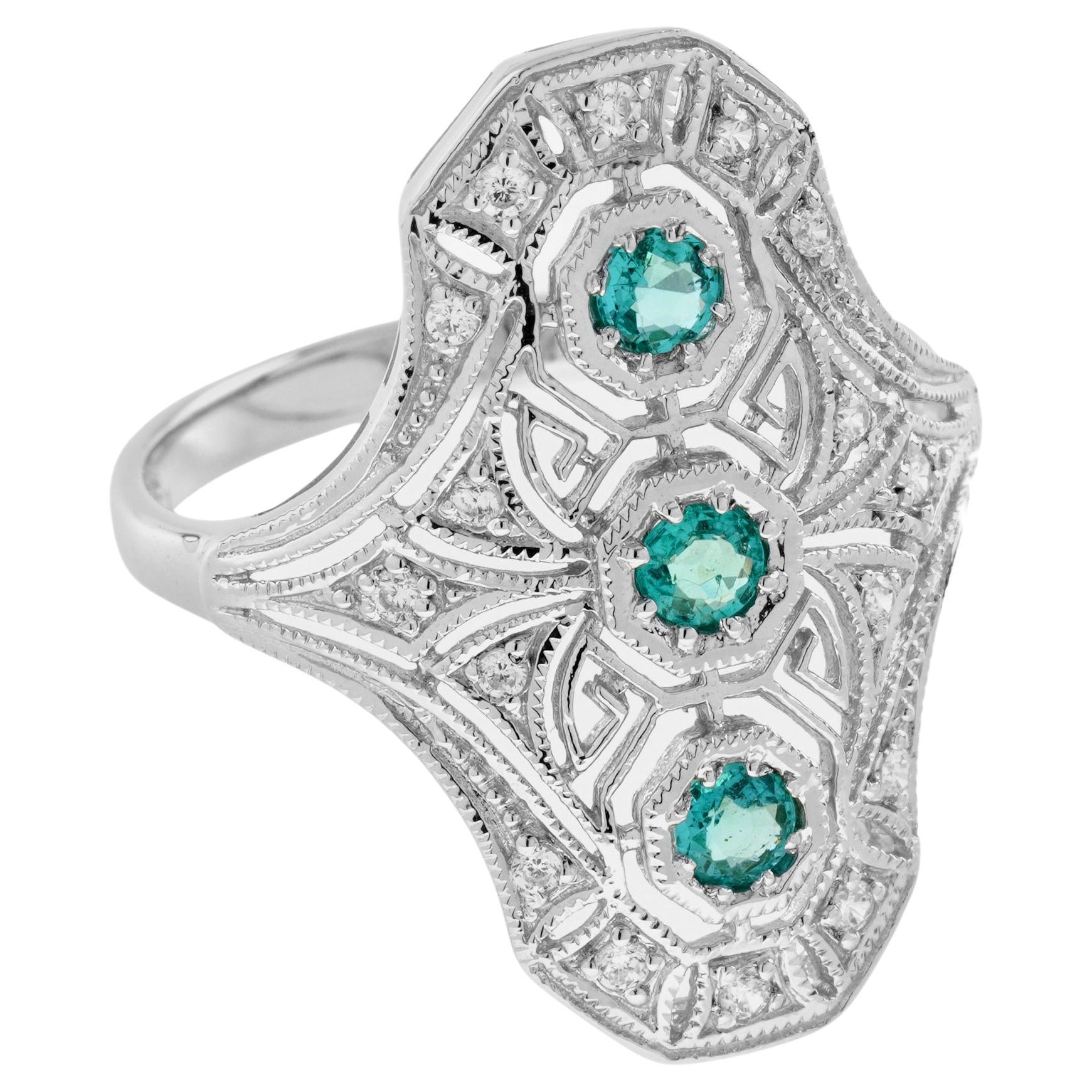 For Sale:  Natural Emerald Diamond Art Deco Style Dinner Ring in Solid 9K White Gold