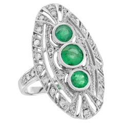 Natürlicher Smaragd Diamant Art Deco Stil Filigraner Dinner Ring in massivem 9K Gold