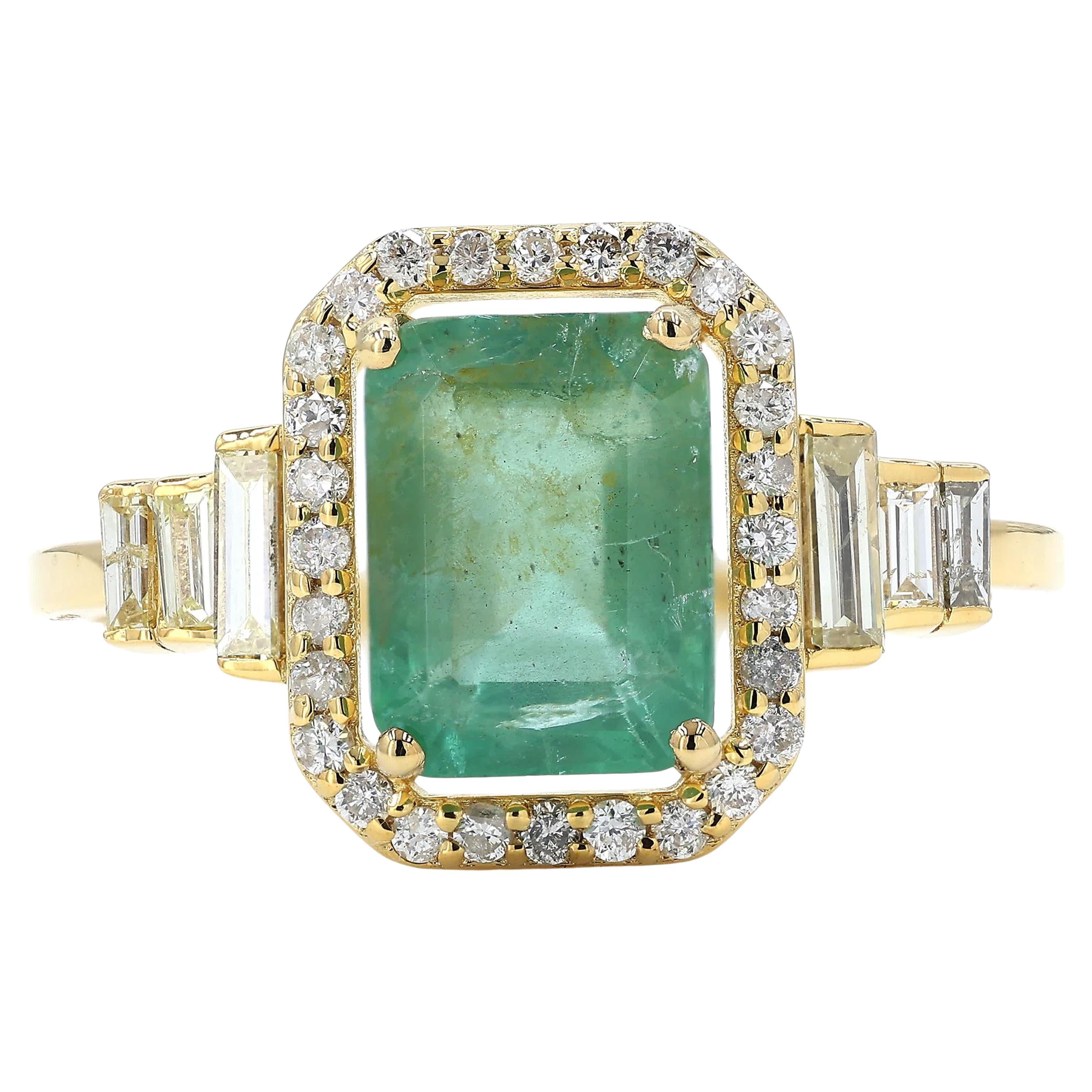 Natural Emerald & Diamond Baguette Accent Ring in 14K Solid Gold (Certified) For Sale