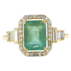 Natural Emerald & Diamond Baguette Accent Ring in 14K Solid Gold (Certified)