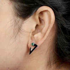 Natural Emerald Diamond Black Enamel Geometric Stud Earrings 18k White Gold
