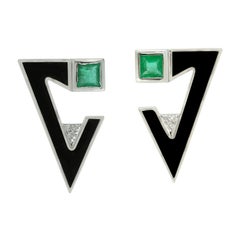 Natural Emerald Diamond Black Enamel Geometric Stud Earrings 18k White Gold