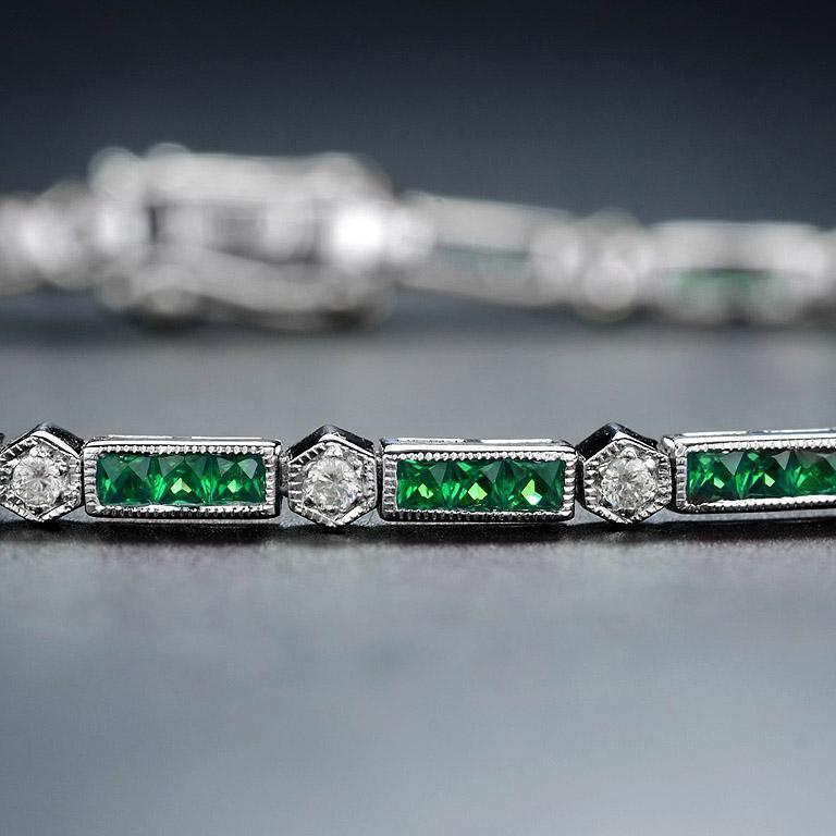Art Deco Alternate Triple Emerald and Round Diamond Link Bracelet in 18K White Gold For Sale