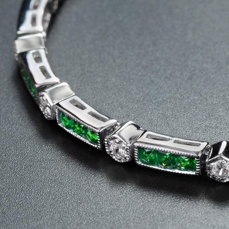 French Cut Alternate Triple Emerald and Round Diamond Link Bracelet in 18K White Gold For Sale
