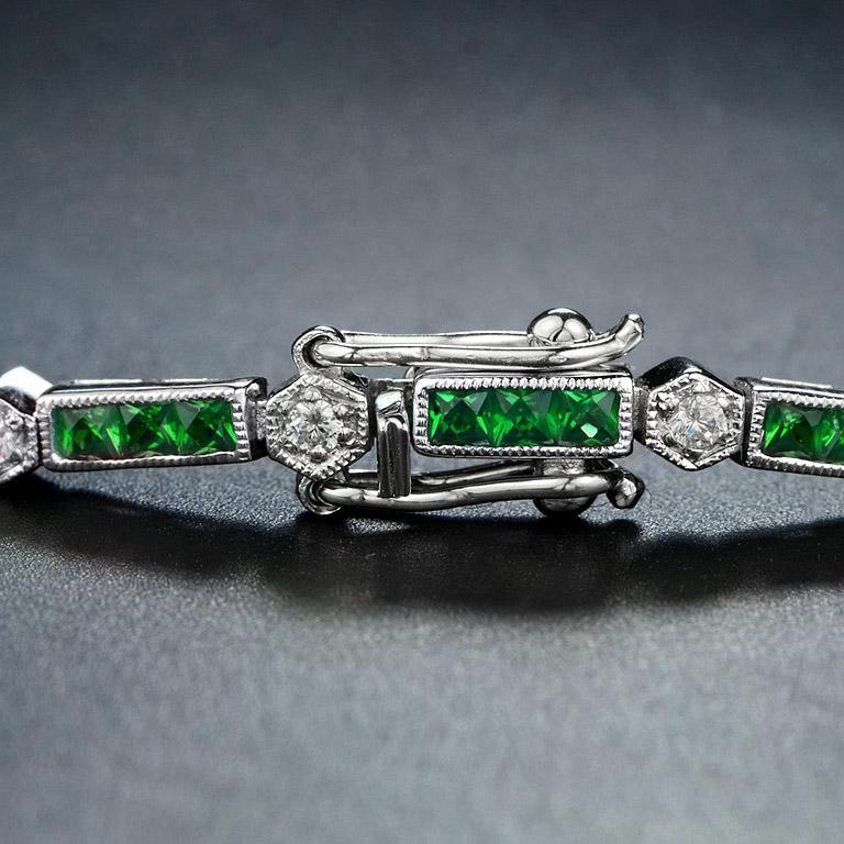 Women's Alternate Triple Emerald and Round Diamond Link Bracelet in 18K White Gold For Sale