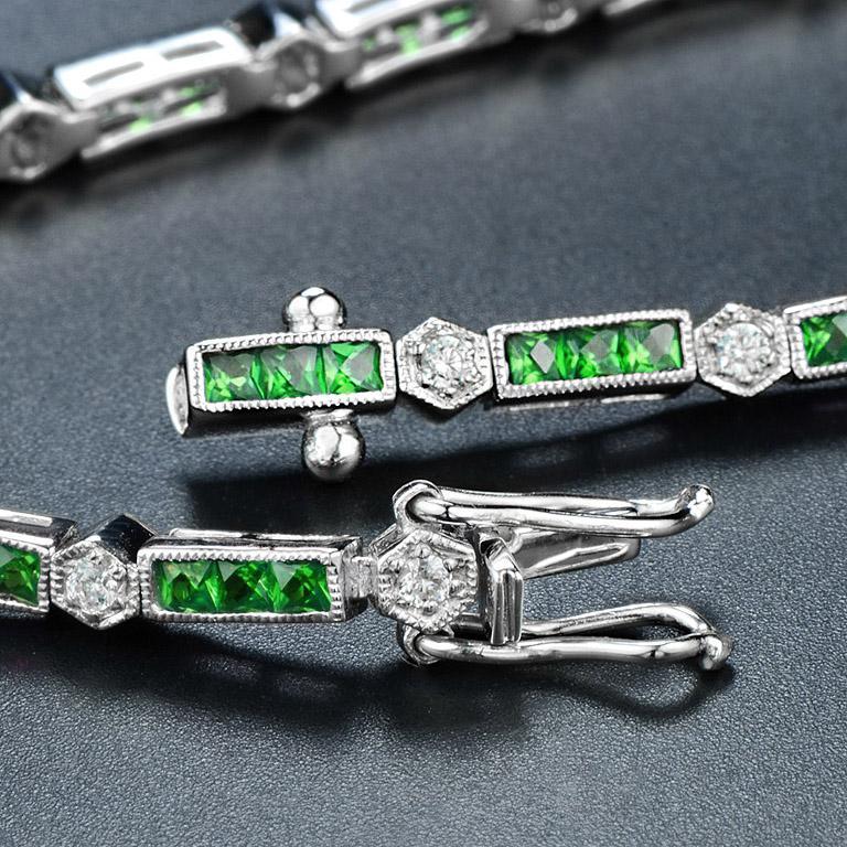 Alternate Triple Emerald and Round Diamond Link Bracelet in 18K White Gold For Sale 1