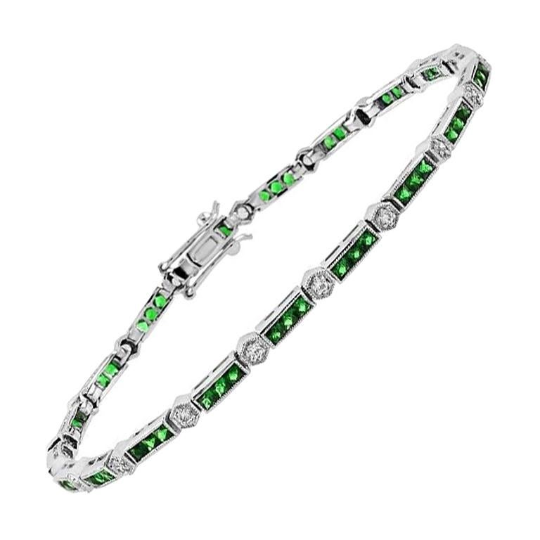 Alternate Triple Emerald and Round Diamond Link Bracelet in 18K White Gold For Sale