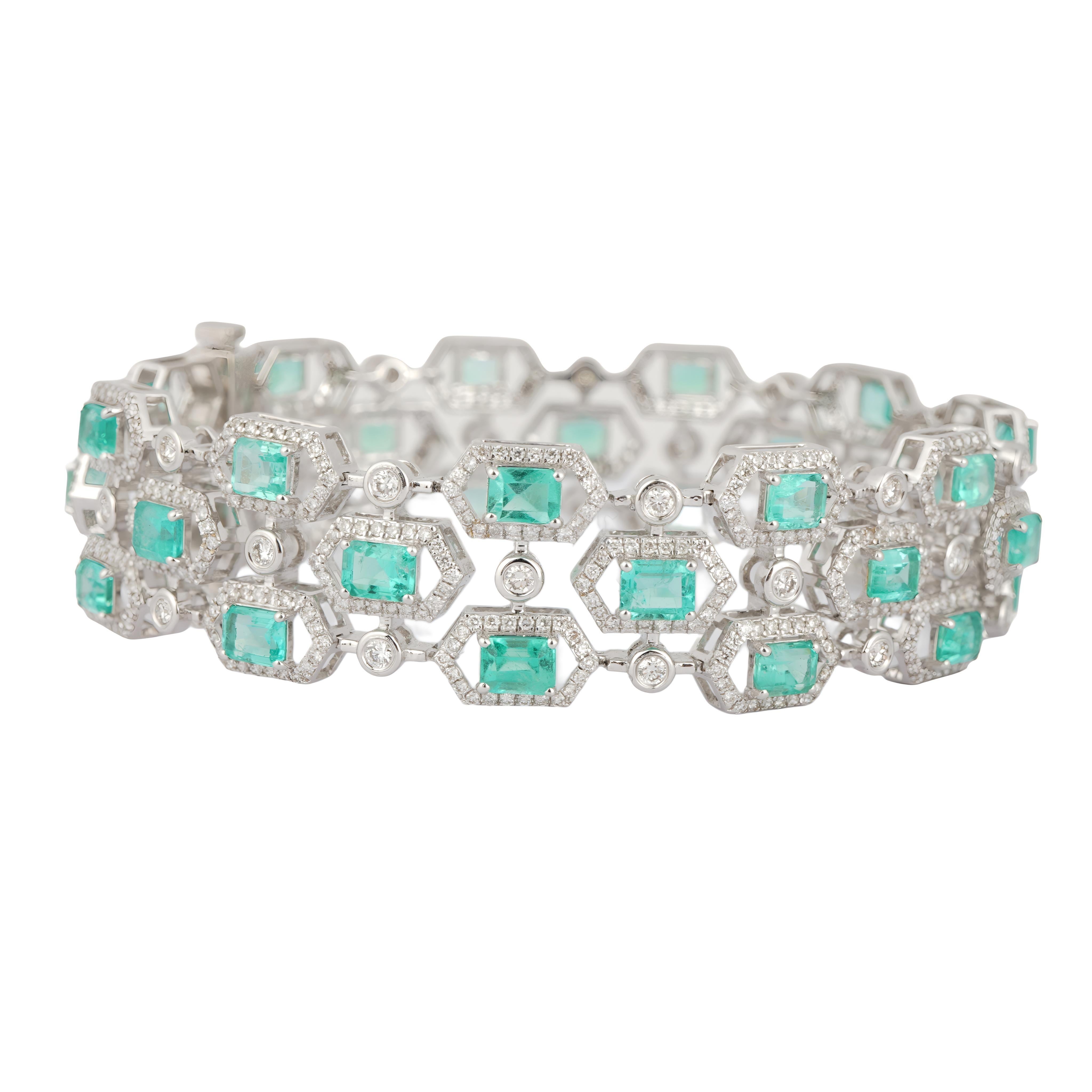 Taglio Asscher Bracciale con smeraldo naturale e diamanti in oro 18 carati in vendita