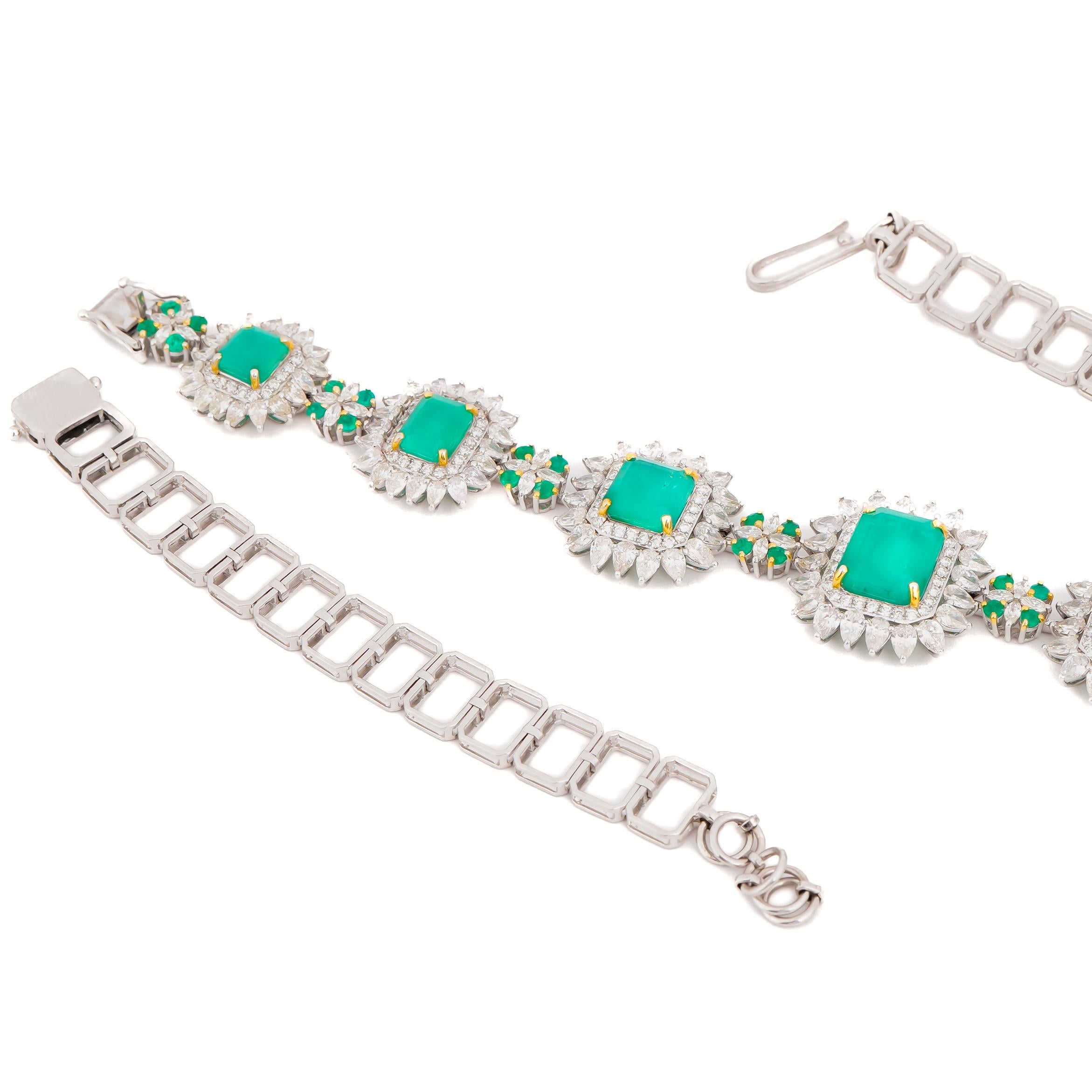 Emerald Cut Natural Emerald & diamond Bracelet & Necklace in 14k gold For Sale