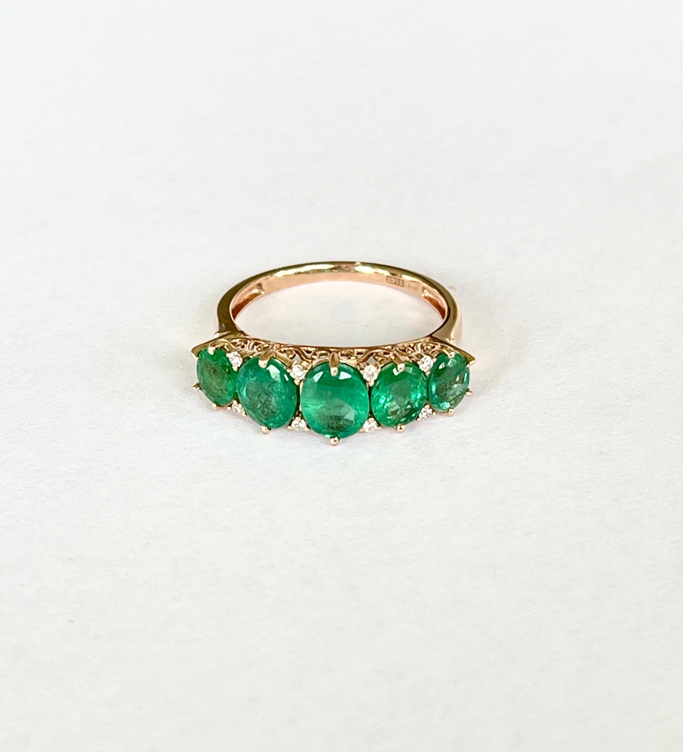 Modern Natural Emerald Diamond Bridge Style Eternity Ring 14ct Rose Gold with Valuation For Sale