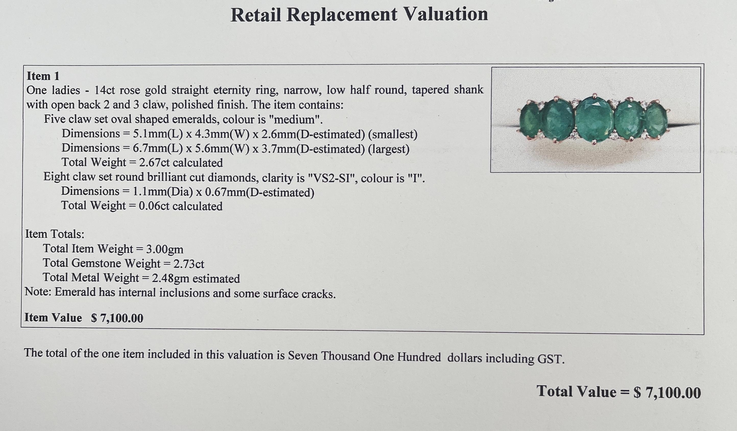 Natural Emerald Diamond Bridge Style Eternity Ring 14ct Rose Gold with Valuation In New Condition For Sale In Mona Vale, NSW