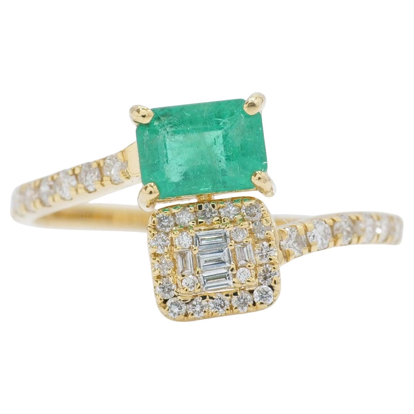 Natural Emerald 
Diamond Bypass Ring in 14K Solid Gold (Certified) For Sale
