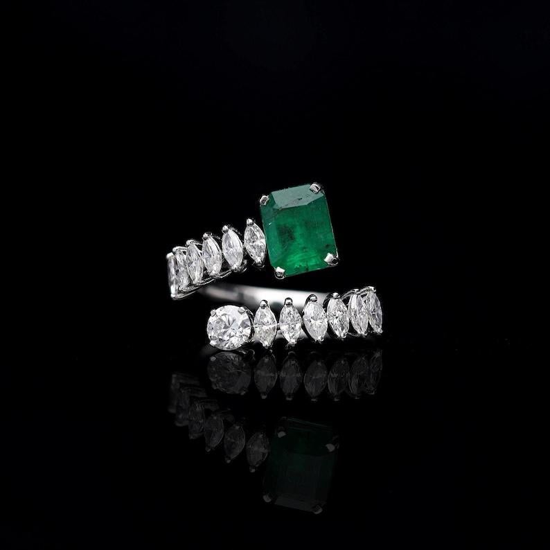 Emerald Cut Natural Emerald Diamond Bypass Ring / Marquise Diamond 18k White Gold Ring For Sale
