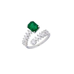 Natural 1.76cts Emerald & Marquise Diamond 18k White Gold Ring