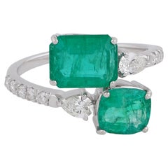 Natürlicher Smaragd Diamant Bypass Wrap Ring Massiv 18k Weißgold Feiner Schmuck