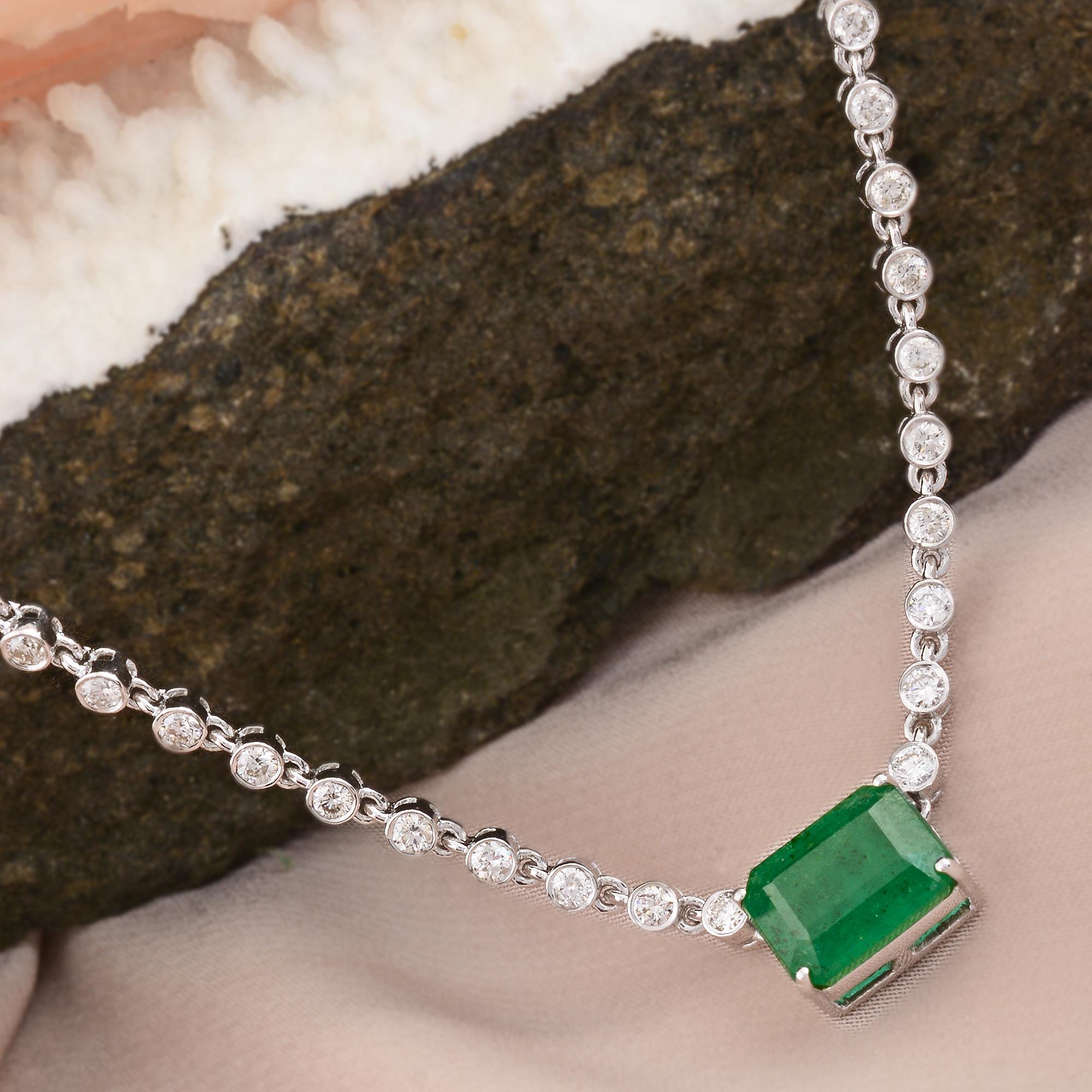 Modern Natural Emerald Diamond Charm Necklace 14k White Gold Handmade Fine Jewelry For Sale