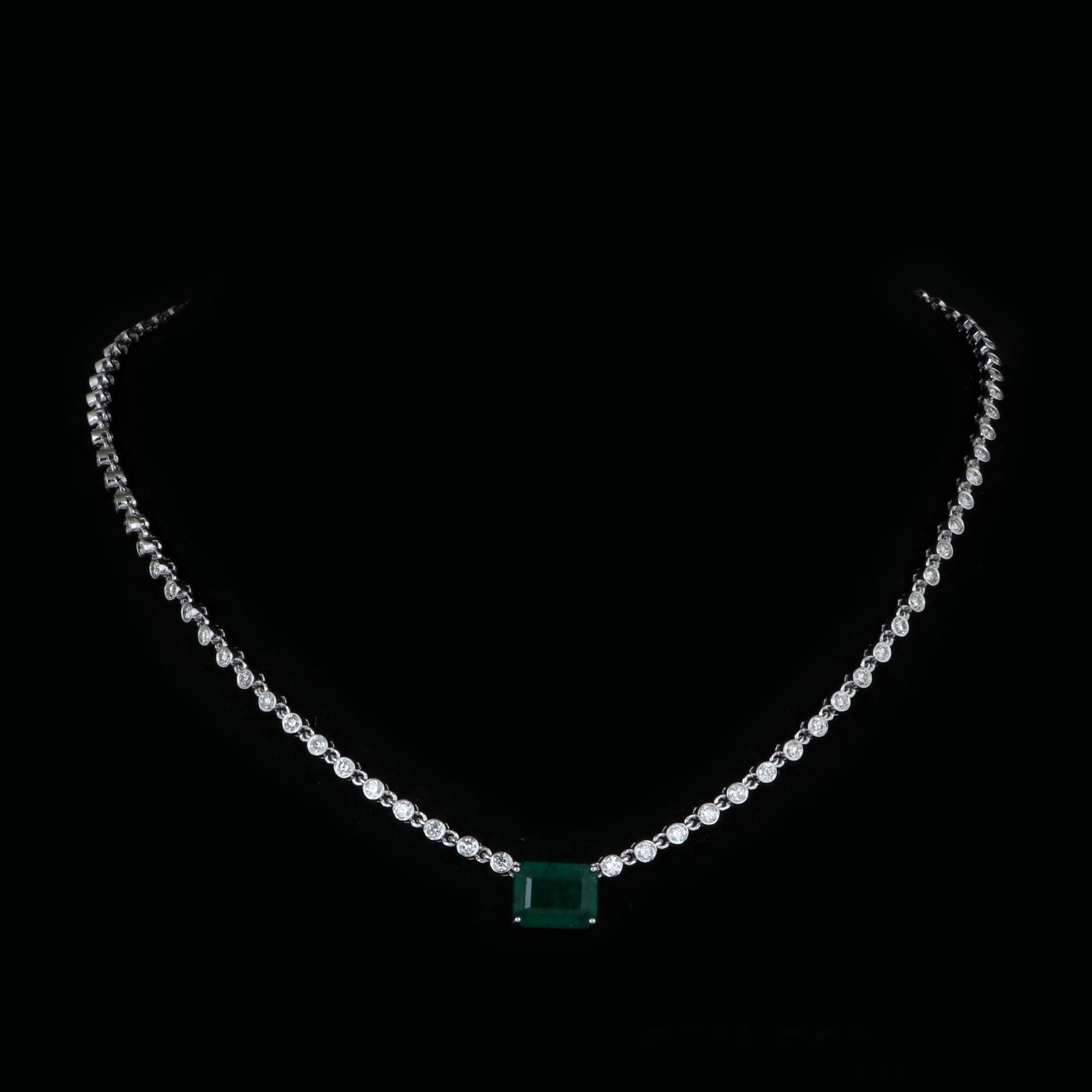 Women's Natural Emerald Diamond Charm Necklace 14k White Gold Handmade Fine Jewelry For Sale