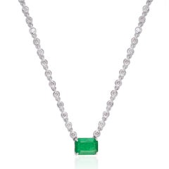 Natural Emerald Diamond Charm Necklace 18k White Gold Handmade Fine Jewelry