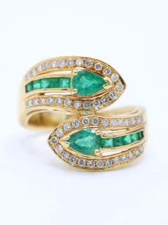 Natural Emerald & Diamond Cluster Ring in 18K Yellow Gold Cocktail Bypass Band