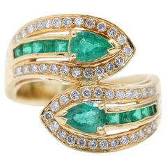 Natural Emerald & Diamond Cluster Ring in 18K Yellow Gold Cocktail Bypass Band