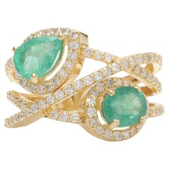 Emerald & Diamond Criss Cross Ring in 14K Solid Gold (Certified)- Ready to Ship