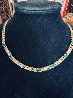 Esmeralda Natural Diamante Curb Link Collar 18K Oro Amarillo French Gourmette 16"