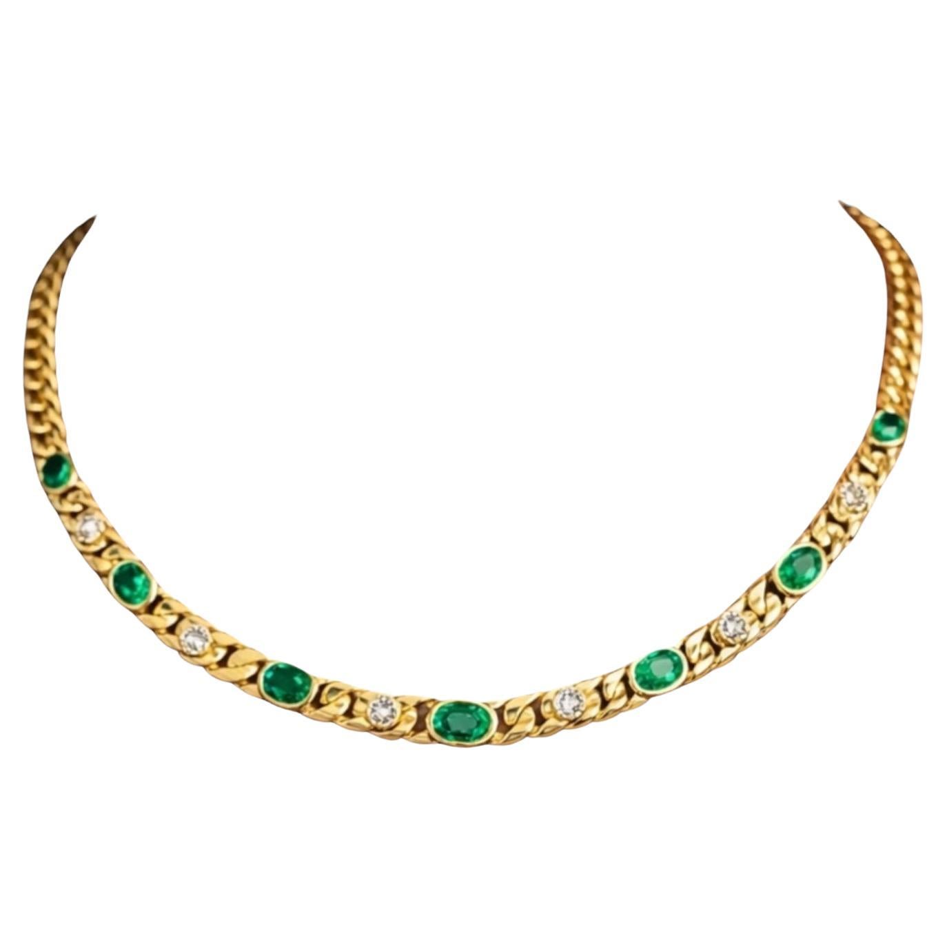 Esmeralda Natural Diamante Curb Link Collar 18K Oro Amarillo French Gourmette 16"