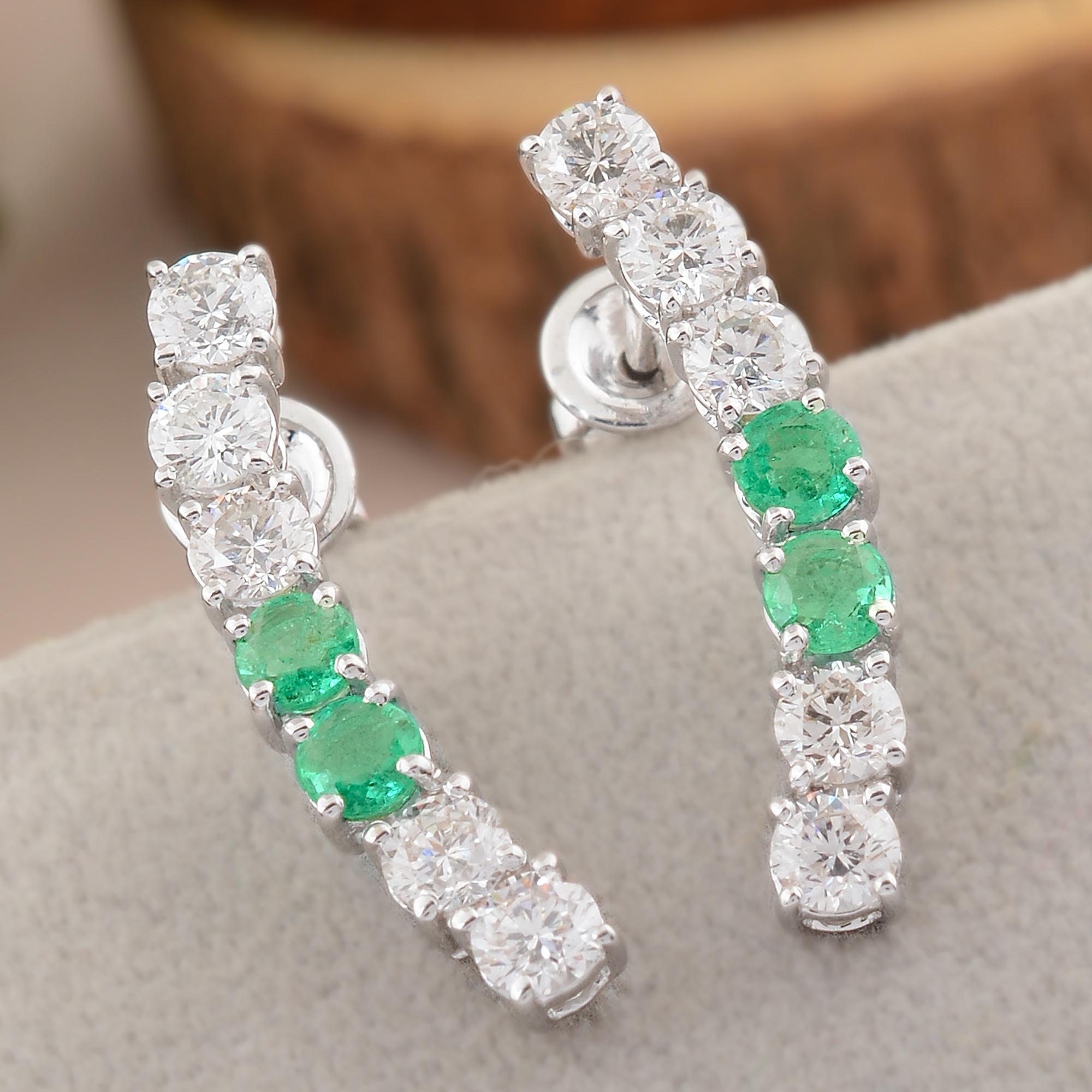 Modern Natural Emerald Diamond Curve Bar Stud Earrings 18 Karat White Gold Fine Jewelry For Sale